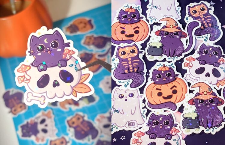 a collage of multiple stickers: A purple cat with some skeleton painted in orange on its fur, A purple cat with an orange witch hat, a cauldron with green bubbles, A purple cat in an orange pumpkin, the body of the cat is fully in the pumpkin, A purple ca