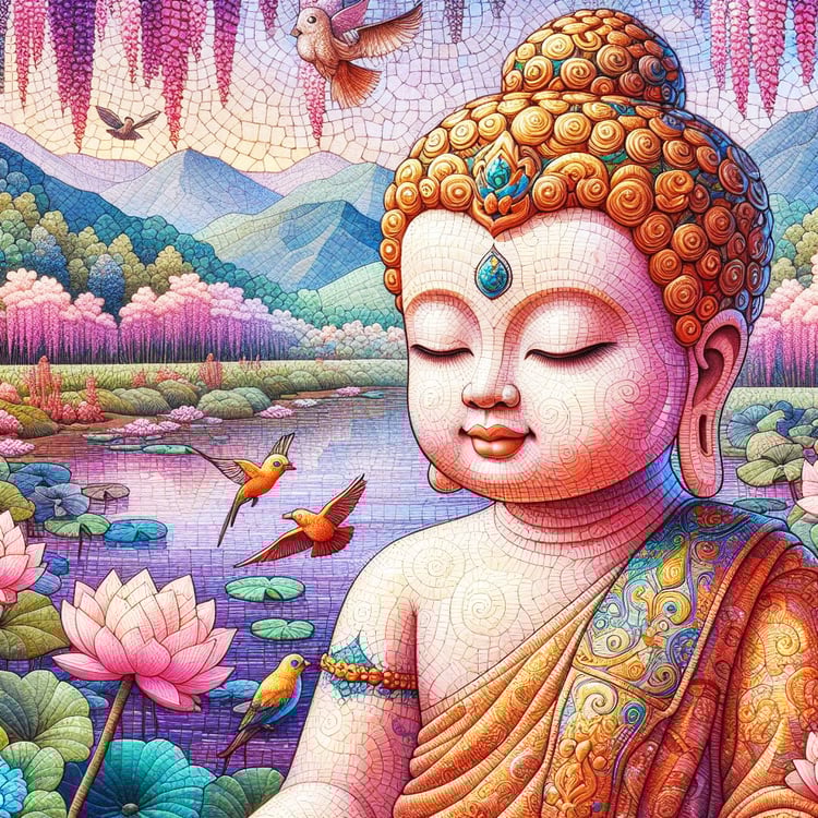 A beautiful child Buddha beside a purple lake with humming birds, trees, lotus flowers & mountains. This picture has a Mosaic effect.