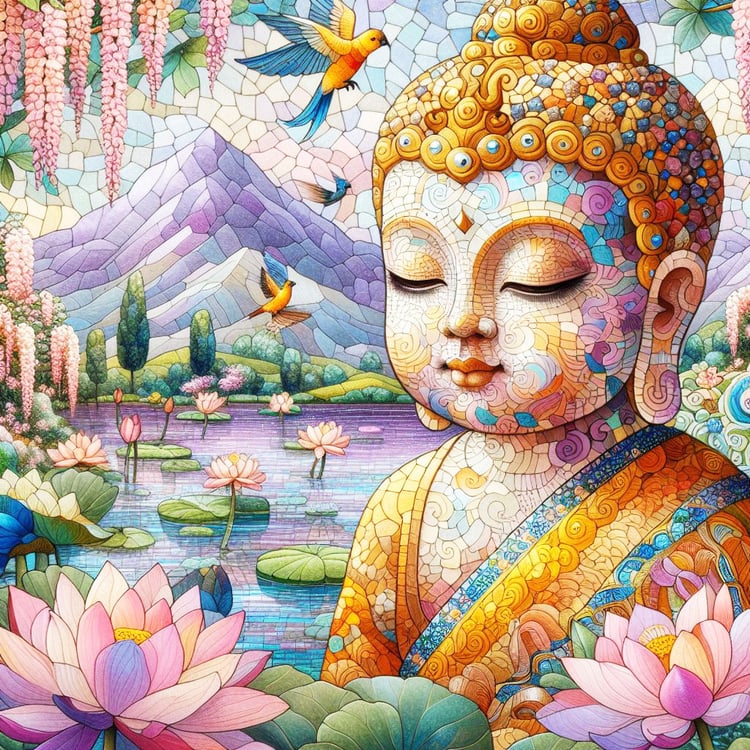 .A beautiful child Buddha beside a purple lake with humming birds, trees, lotus flowers & mountains. This picture has a Mosaic effect.
