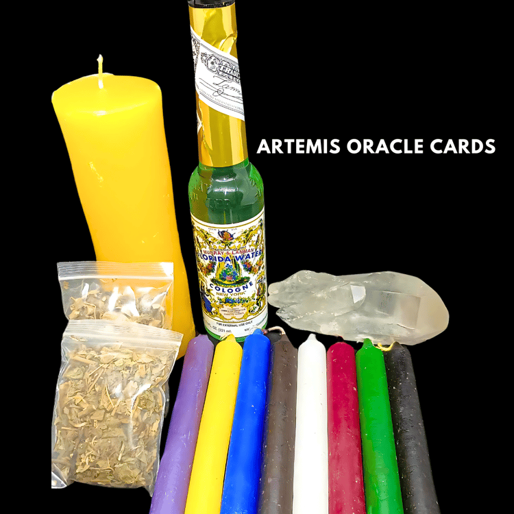 Spell candles, Florida water, clear crystal quartz, agrimony, and patchouli create a potent blend for success.