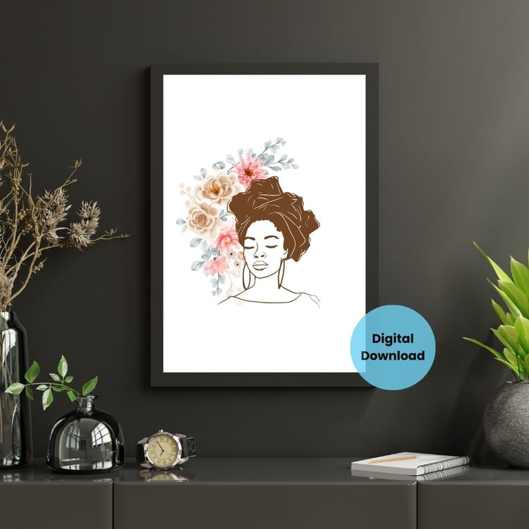 “Strength in Blooms” printable wall art featuring an empowering and elegant design line art with earth tone colors and delicate watercolor flowers, creating a harmonious tribute to women.