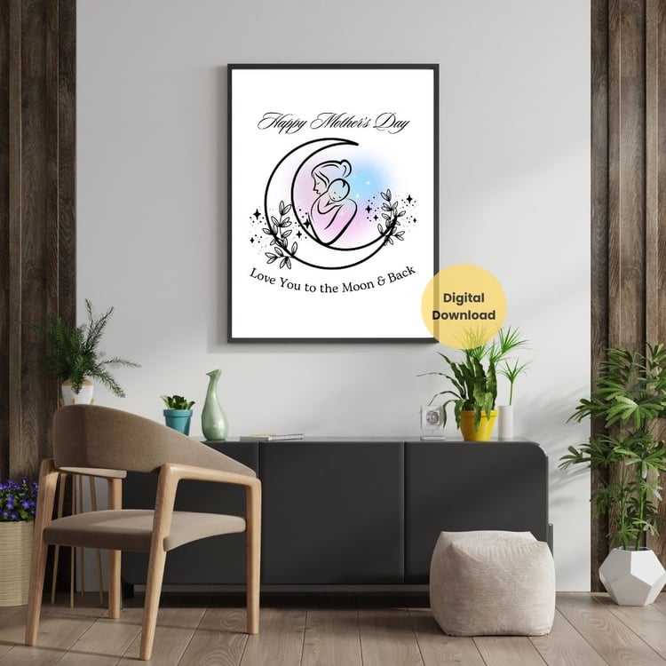 A minimalist, hand-drawn depiction of a mother tenderly embracing her baby within the crescent moon—a symbol of infinite love and protection, featuring the words "Love You to the Moon and Back" printable wall art.