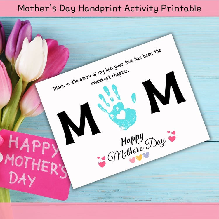 Mother's Day Handprint printable activity on a beautifully designed template.