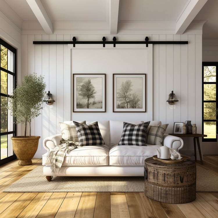 Consider a buyer searching for the perfect piece to complete their farmhouse-inspired living room. They come across a "paintings display in farmhouse living room" mockup, where they see the artwork hanging above a cozy fireplace, surrounded by rustic furn