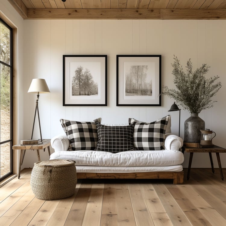 Consider a buyer searching for the perfect piece to complete their farmhouse-inspired living room. They come across a "paintings display in farmhouse living room" mockup, where they see the artwork hanging above a cozy fireplace, surrounded by rustic furn