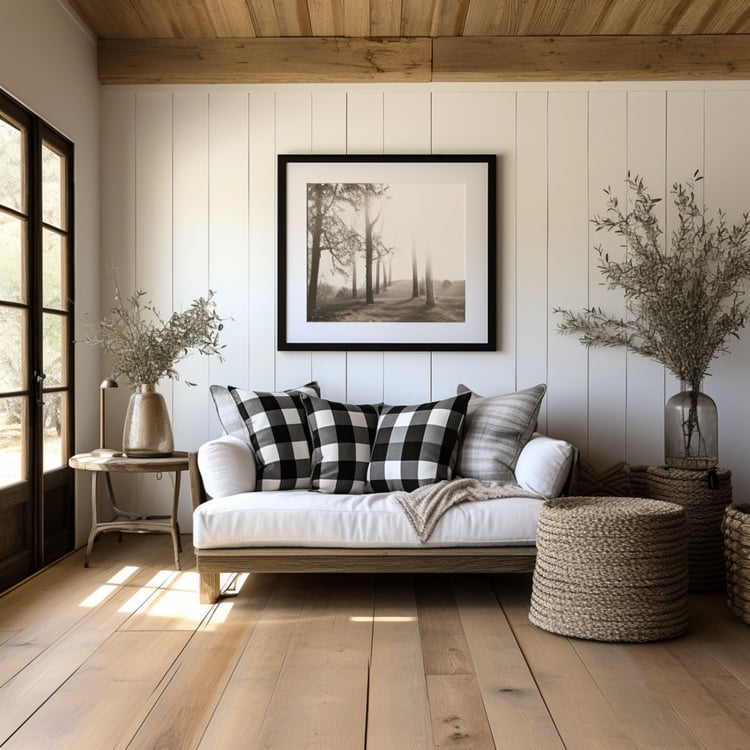 Paintings Image in Farmhouse Living Room: Cozy Comfort, Artistic Whimsy  Create a cozy retreat filled with artistic whimsy with our paintings image in farmhouse living room mockups. Whether you're featuring landscapes, still lifes, or abstract art, our mo