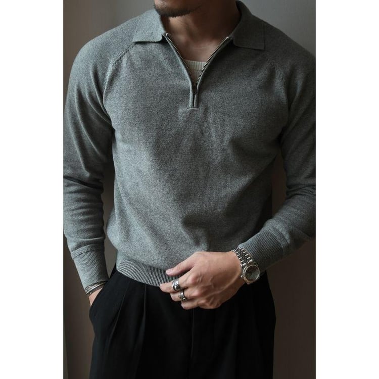 Long-Sleeve Cotton Knit Polo Shirt, Classic American T-Shirt, Office Wear, Leisure, Travel, Woven Clothing