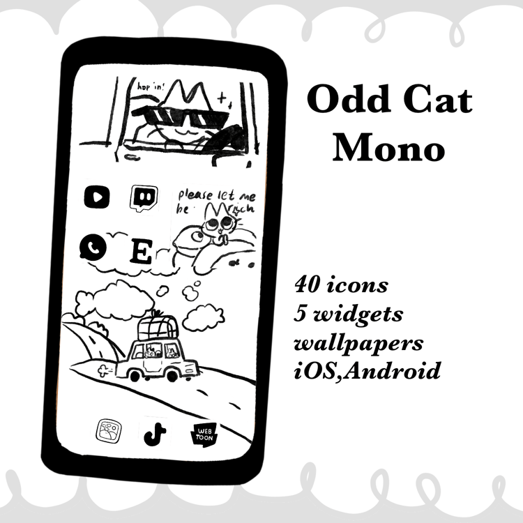 Cute Odd Cat Monochrome Black White Icon Pack | Home screen customization set for iPhone Android
