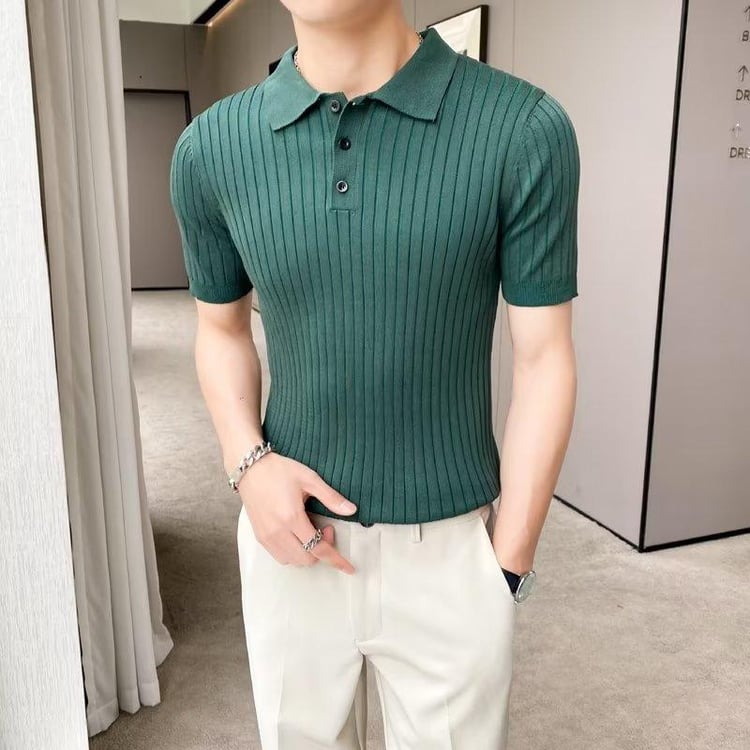 British-Style Fitted Short-Sleeve Knitted Polo Shirt