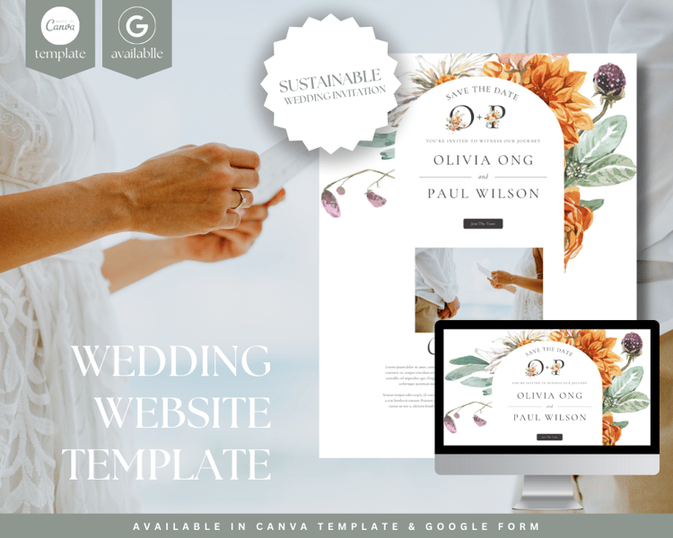 Digital Wedding Invitation and Wedding Website Template in Orange Floral Wedding Theme