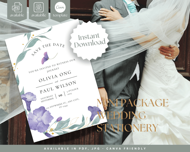 Wedding Stationery Suite in Purple Floral Frame Theme.