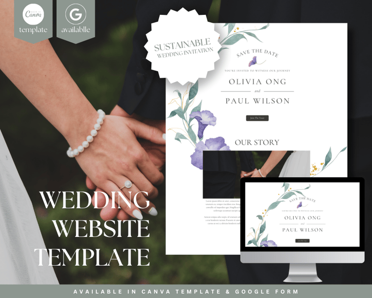 Digital Wedding Invitation and Wedding Website Template in Purple Floral Frame