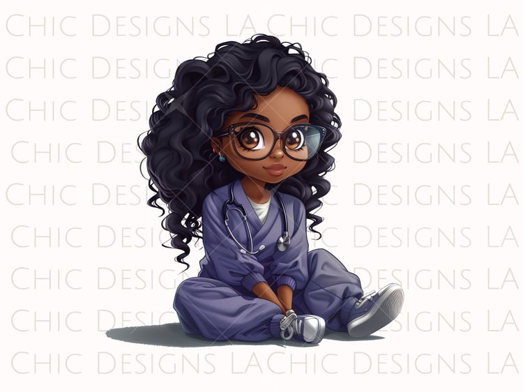 Animated Chibi African American Woman Wearing Purple Scrubs Cartoon Character PNG Animation with Stethoscope