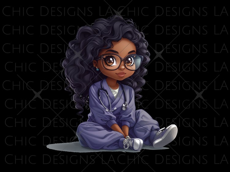 Animated Chibi African American Woman Wearing Purple Scrubs Cartoon Character PNG Animation with Stethoscope