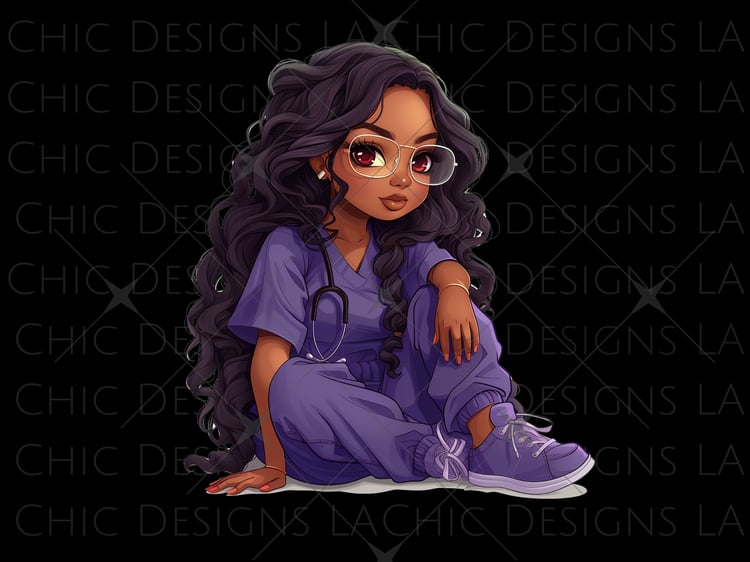 Black Chibi Woman wearing purple scrubs and a stethoscope