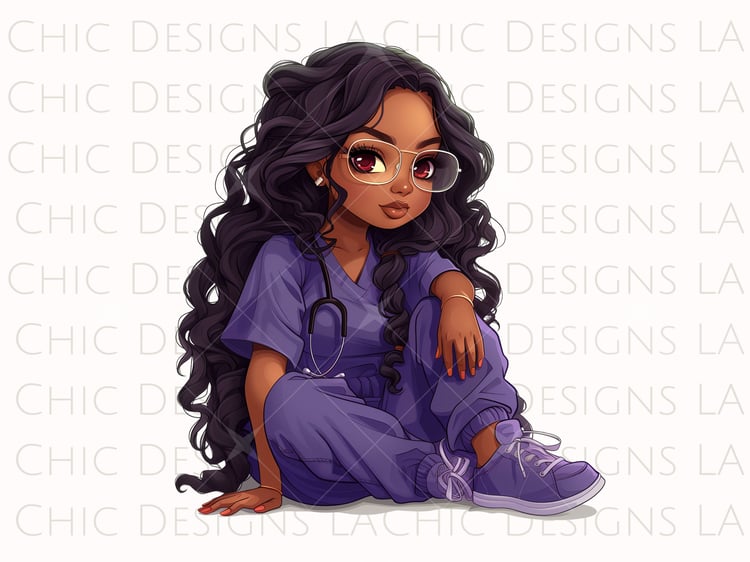 Black Chibi Woman wearing purple scrubs and a stethoscope
