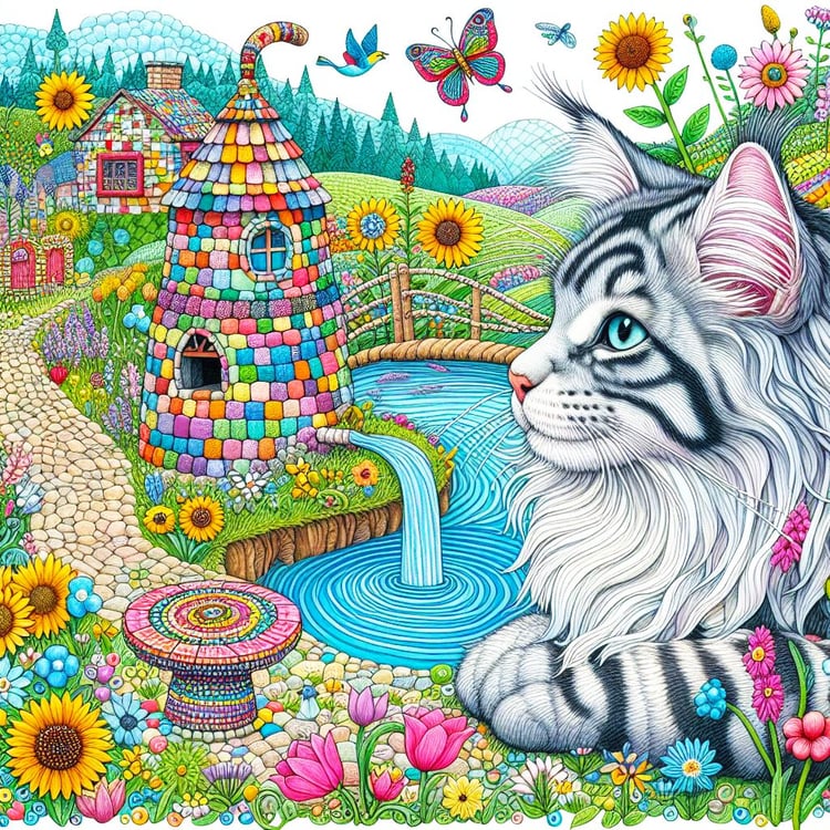Maine coon cat beside a windy blue river. Hills are patterned with daisies, sunflowers, bluebells & poppies and colourful toadstools. There are Butterflies.