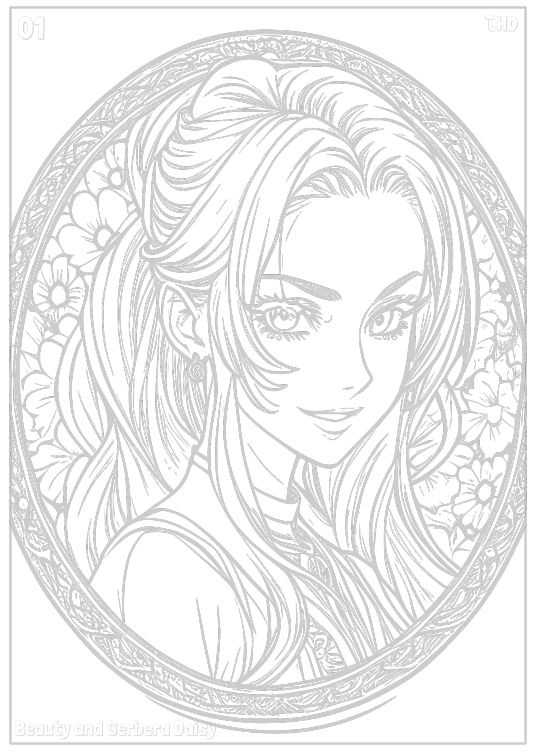 A4 An Miner Beauty & Gerbera Daisies sketch and coloring book for adults Design 01