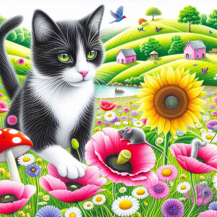 A Black & White cat on high hills with Mice, Poppies, & SUnflowers.