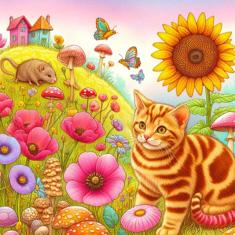 A Ginger & White cat on high hills with Mice, Poppies, Toadstools & SUnflowers.