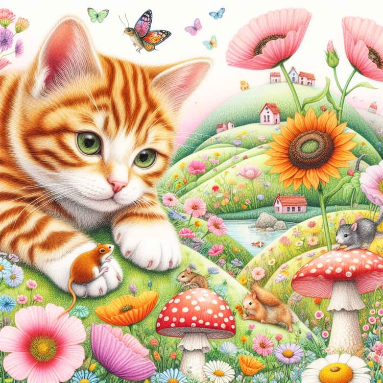 A Ginger & White cat on high hills with Mice, Poppies, Toadstools & SUnflowers.