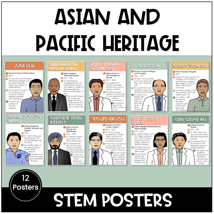 12 posters of Asian American and Native Hawaiian scientists, mathematicians, engineers, doctors, and navigators.