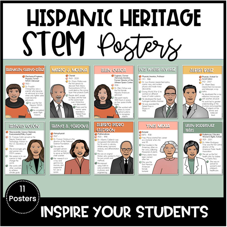 11 posters of Hispanic Americans in STEM careers.