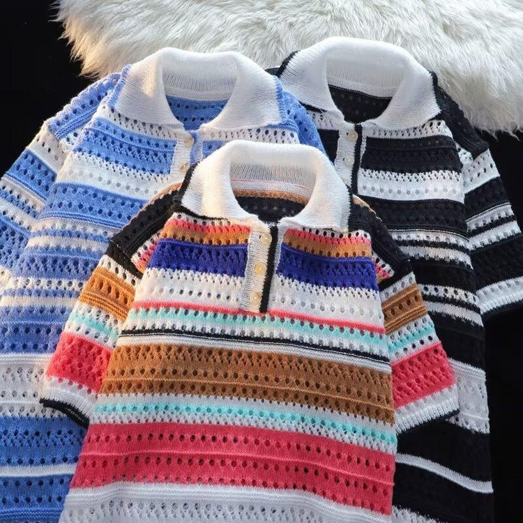 Couple Polo Shirt, Knitted, Sleeveless, Lapel, Striped Design, Short Sleeves