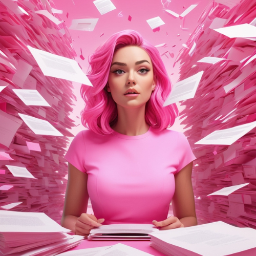 A flood of documents, emails, and social media posts overwhelming a woman, all in neon pink colors.