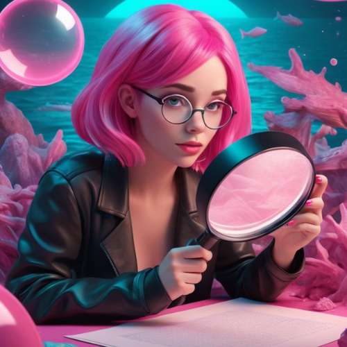 A beautiful woman with pink hair, looking through a magnifying glass at a unique piece of content (like a document) amidst a sea of generic content