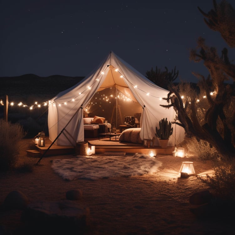 Our collection of glamping digital art includes a variety of scenes where dream tents are adorned with candles and twinkle lights, creating a magical and romantic atmosphere. These tents provide a glamorous and romantic getaway, evoking dreamy moments und