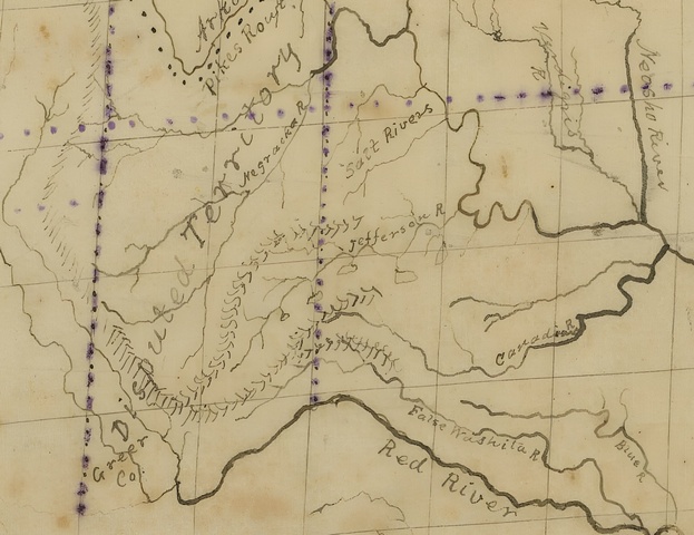 Tracing from Melish Map with Kansas and the Panhandle of Texas plotted thereon showing the disputed territory 1818.
