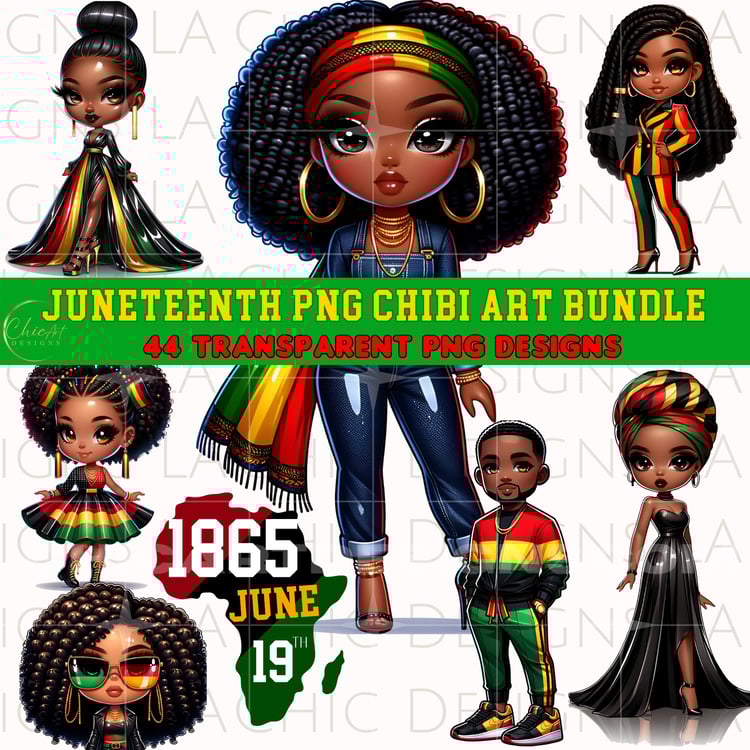 Juneteenth PNG Clipart Bundle, Black Chibis