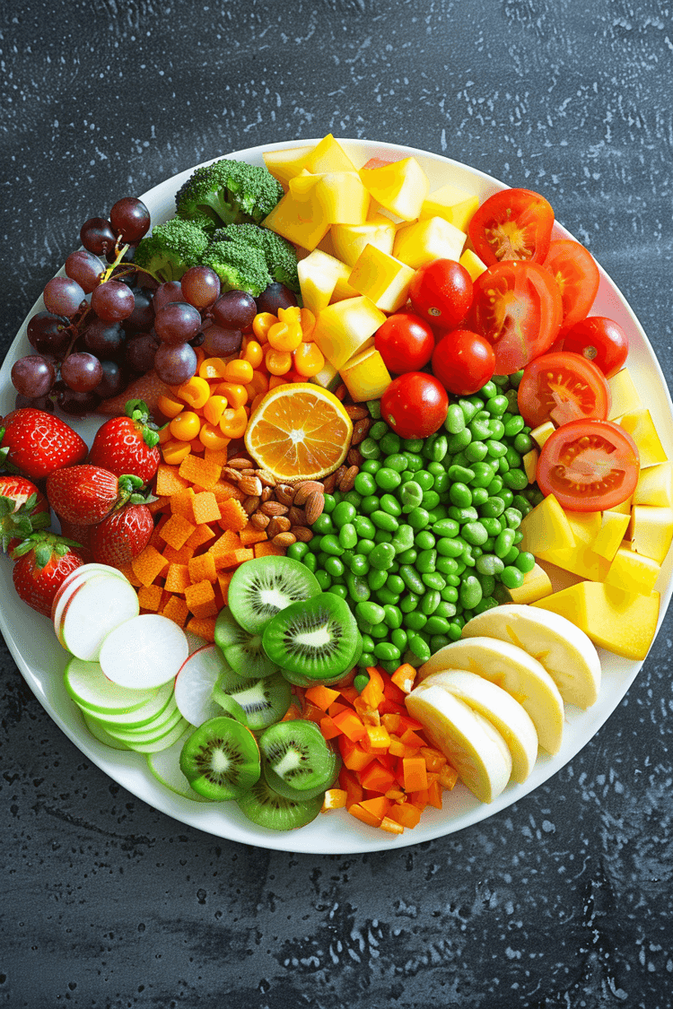 a colorful plate of healthy food, including fruits, vegetables, and lean proteins