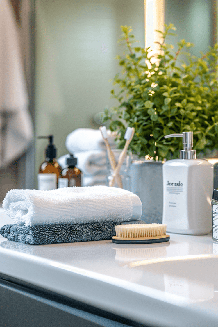 a tidy bathroom with elegant toiletries, a fluffy towel, and a well-organized counter