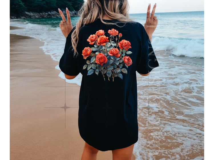 Women's Black T-shirt  with Red Rose Flower Print Png Design