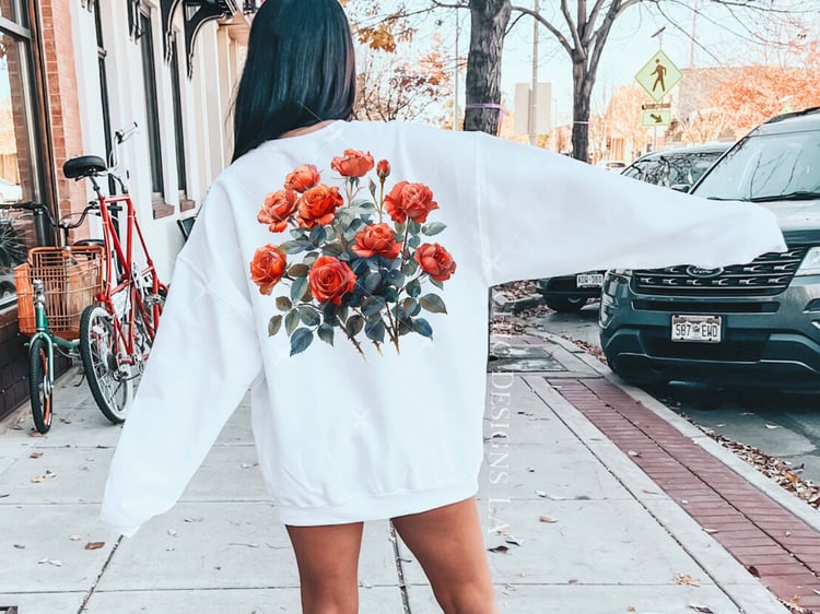Women's White sweatshirt with Red Rose Flower Print Png Design