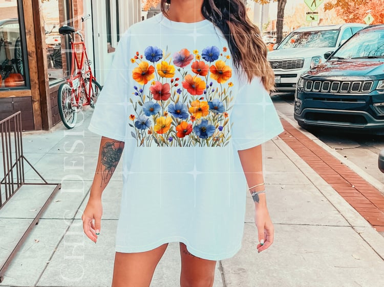 Orange & Blue Women's white tshirt with Cottagecore Png Transparent Flowers