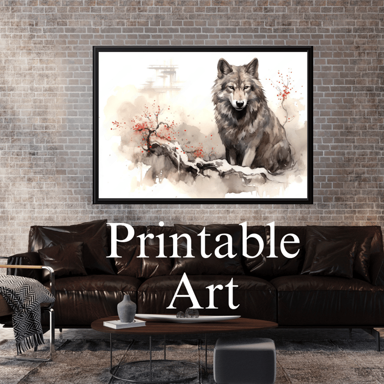Wolf and Cherry Blossom Watercolor Printable Art
