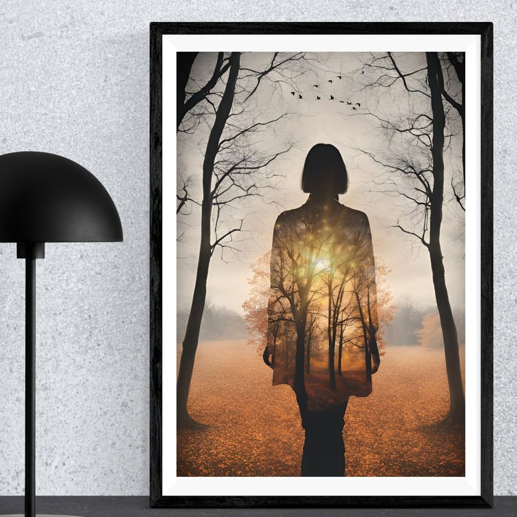 girl, sun, double exposure, trees, sunset, mystery, mistery,