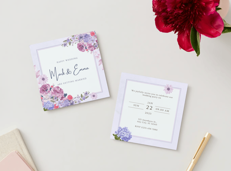 Purple Full Bloom Floral Special Occasions Bundle - 10 Editable Canva Templates for Weddings, Engagements, and More. Mock invitation