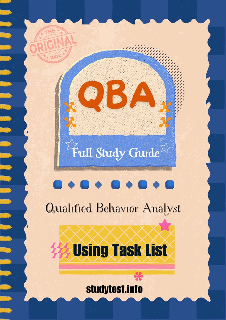 "Cover of the QBA Study Guide for exam preparation, featuring bold text and educational graphics related to behaviour analysis."