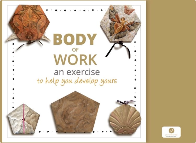 Gold and white book cover by C.Jeffs showing 5 artists books & titled Body of Work - an exercise to help you develop yours.