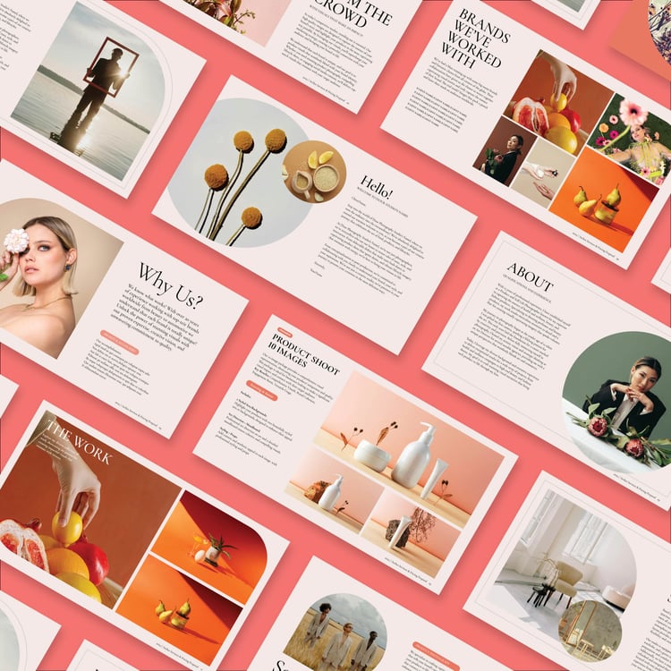 A collage of magazine pages with diverse layouts, featuring images of flowers, decor, and people. The pages include text blocks and colorful graphics on a coral background.
