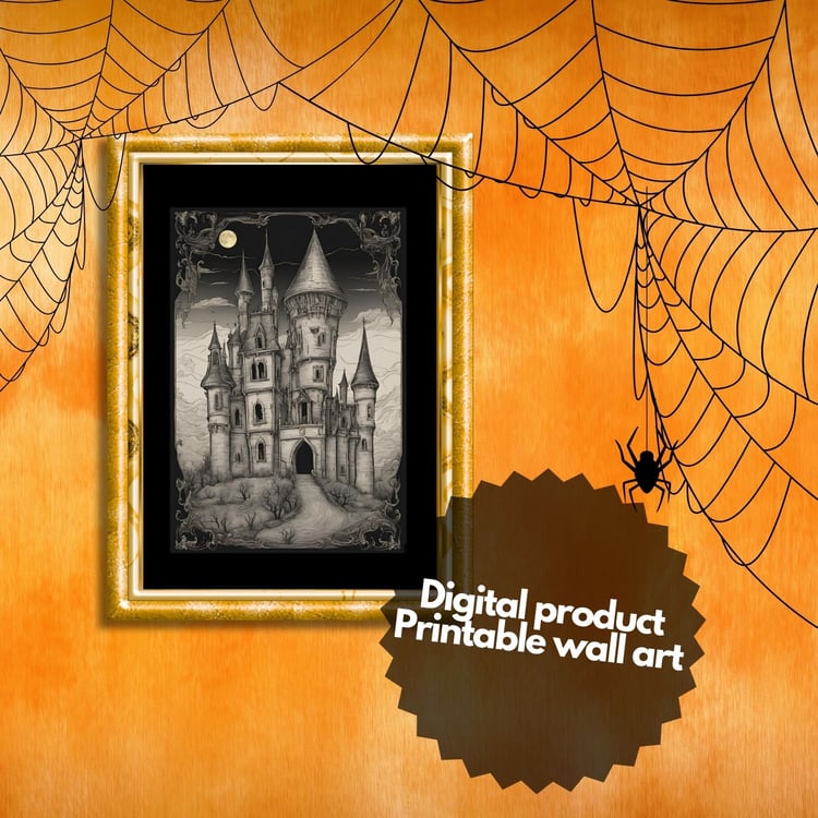 Creepy castle at halloween night. Printable decoration for party. Vintage wall art