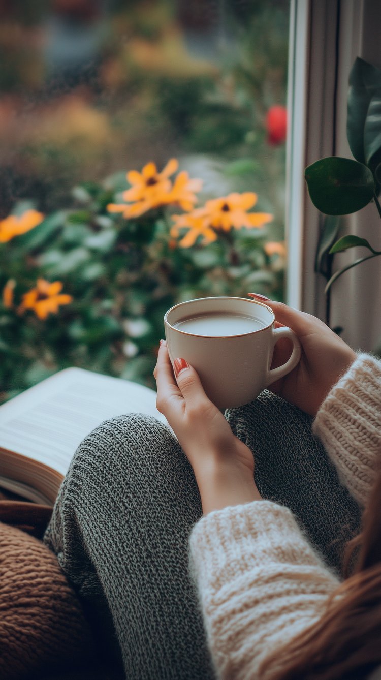 woman looking out the window with coffee in her hand