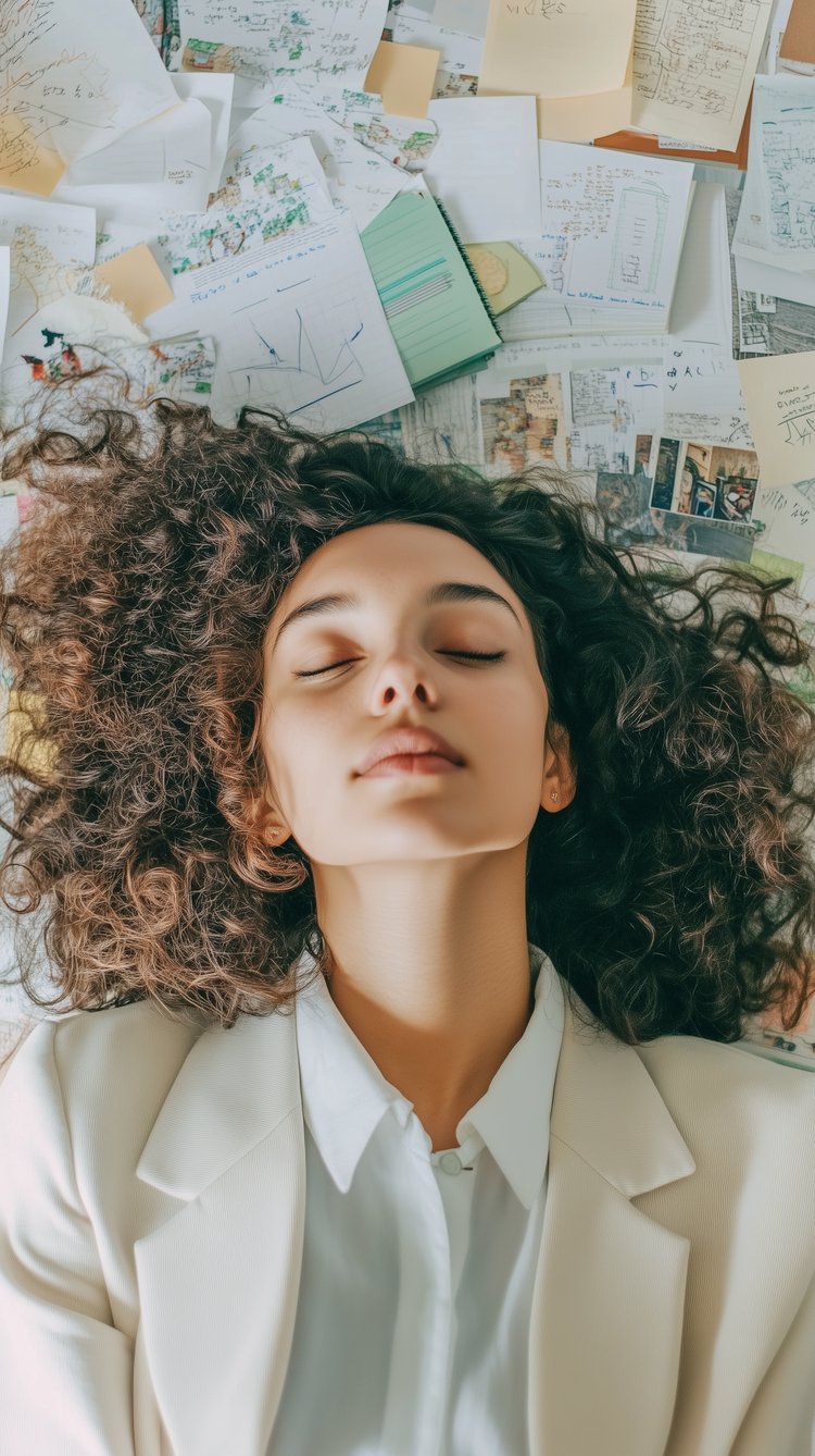 teacher with eyes closed, surrounded by student papers