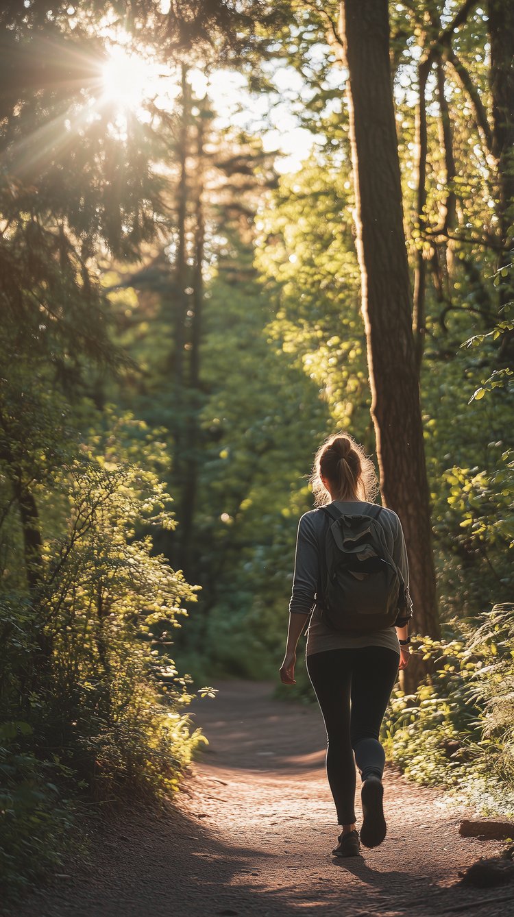 a teacher walking through a forest trail