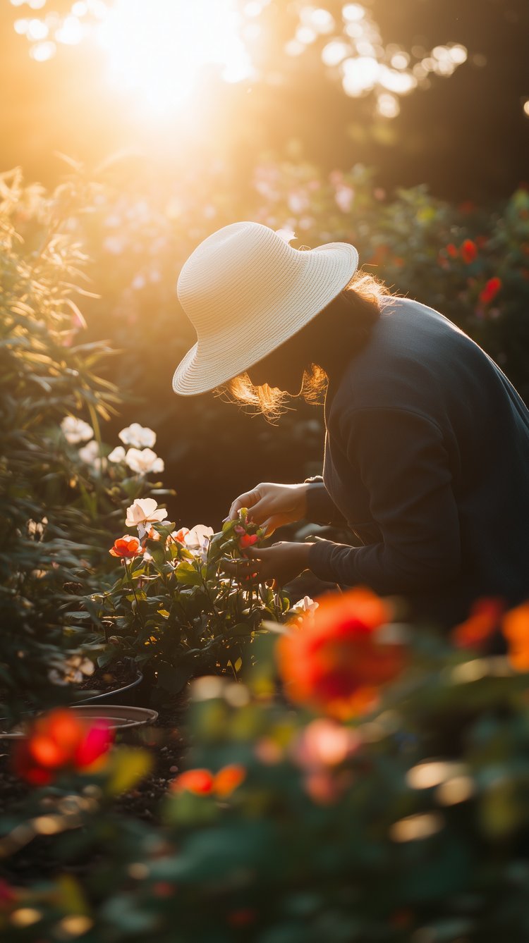 a person bending down to plant flowers in a garden