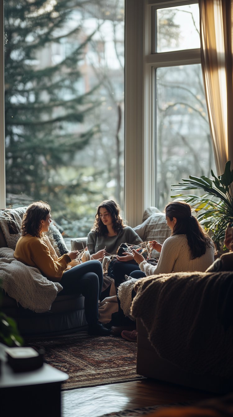 a group of people sitting and knitting in a living room